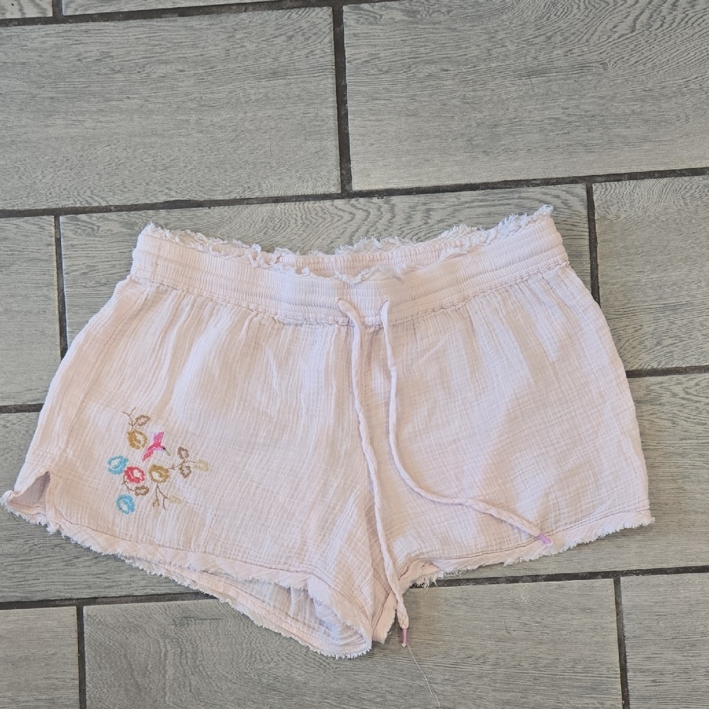Anthropologie Pink Gauze Embroidered Hummingbird Shorts Raw Hem Large OB1472490‎
